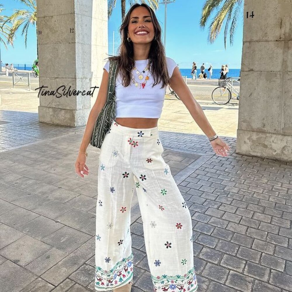 Zara White Floral Cropped Wide Legs Pants NWT